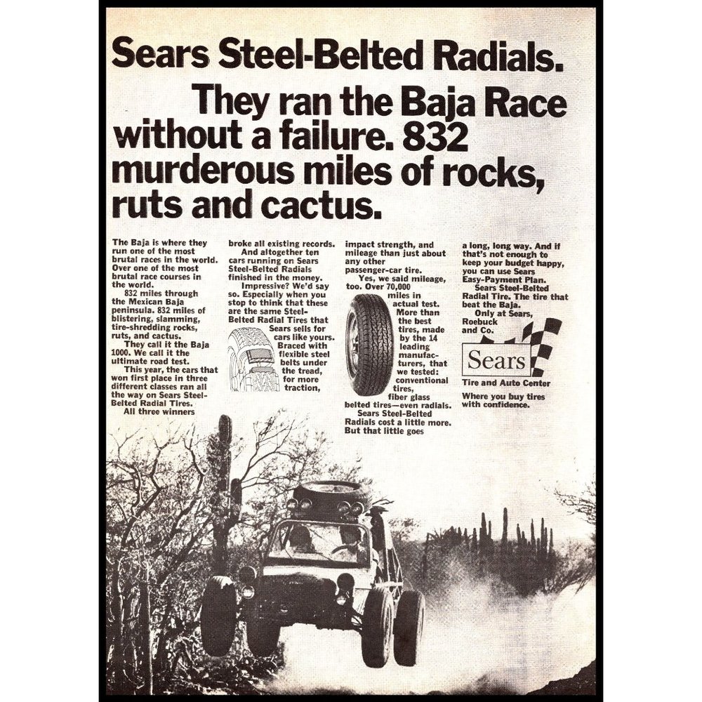 1971 Sears Tire Center Vintage Print Ad Dune Buggy Baja Race Winner Cactus Art